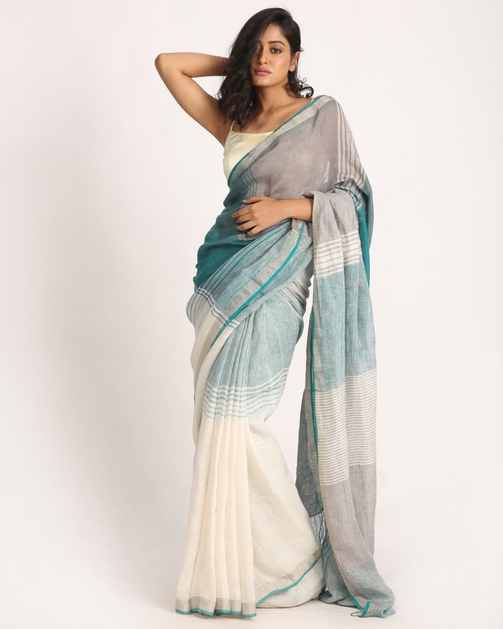 White and green handwoven linen saree