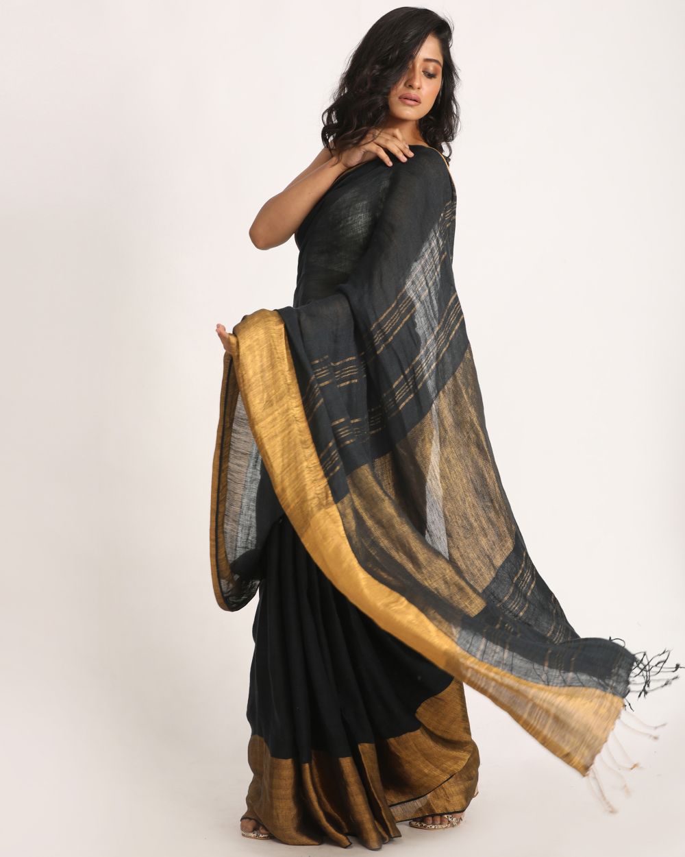Charcoal with blue tone handwoven linen saree