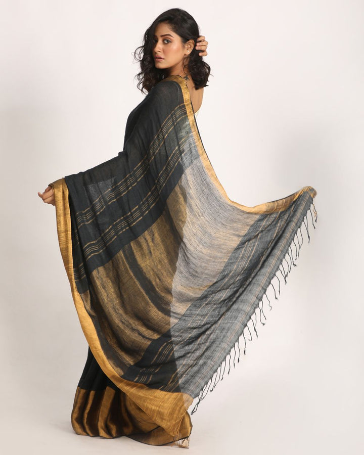 Charcoal with blue tone handwoven linen saree