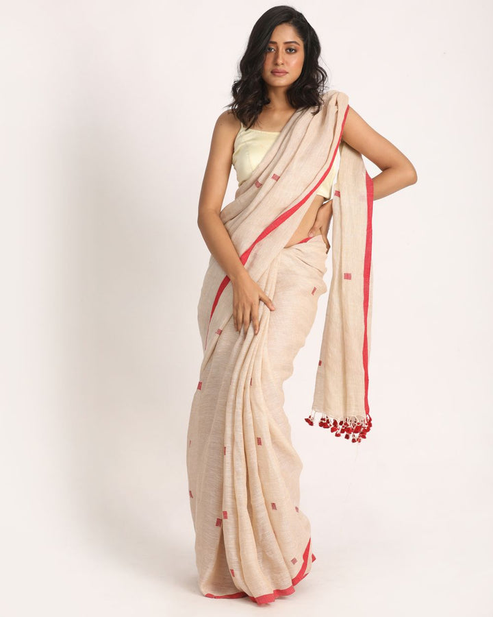 Cream handwoven linen jamdani saree