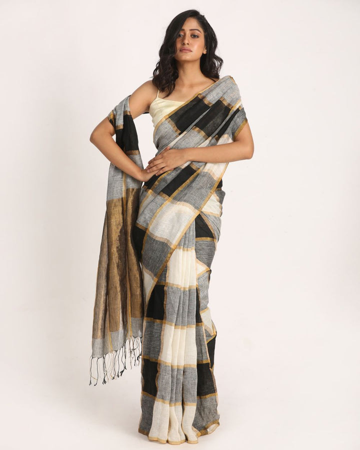 Black and white checks handwoven linen saree