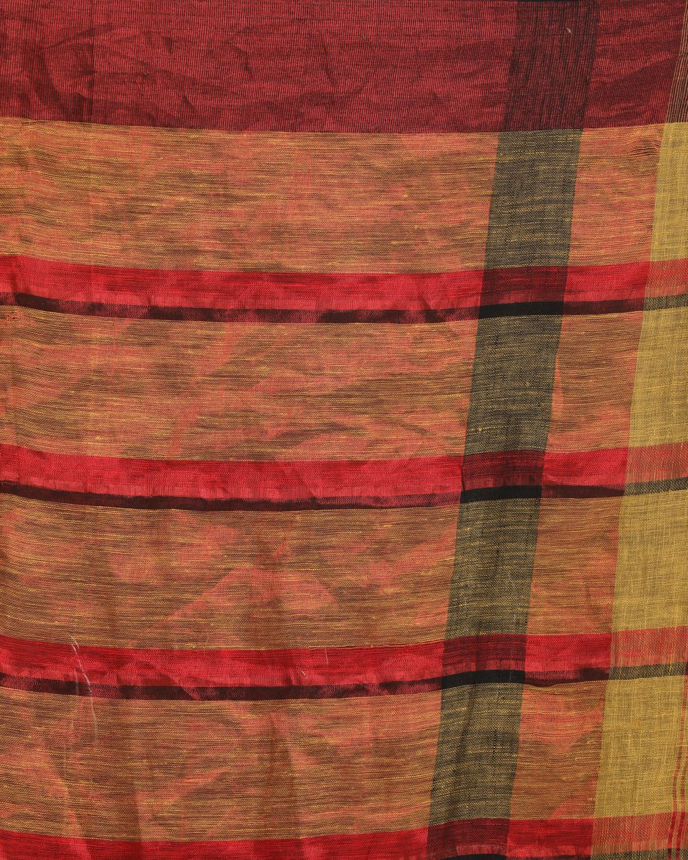 Red brown checks handwoven linen saree