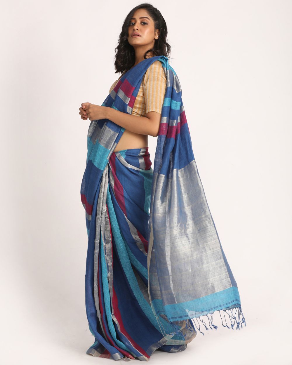 Shades of blue stripes handwoven linen saree