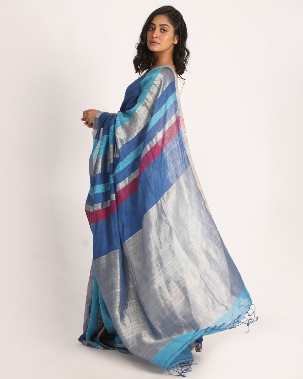 Shades of blue stripes handwoven linen saree