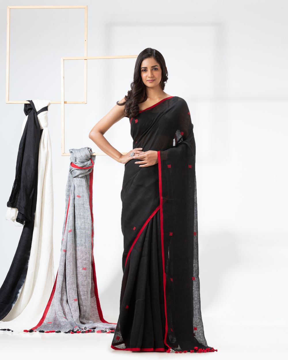Black red handwoven linen bengal saree