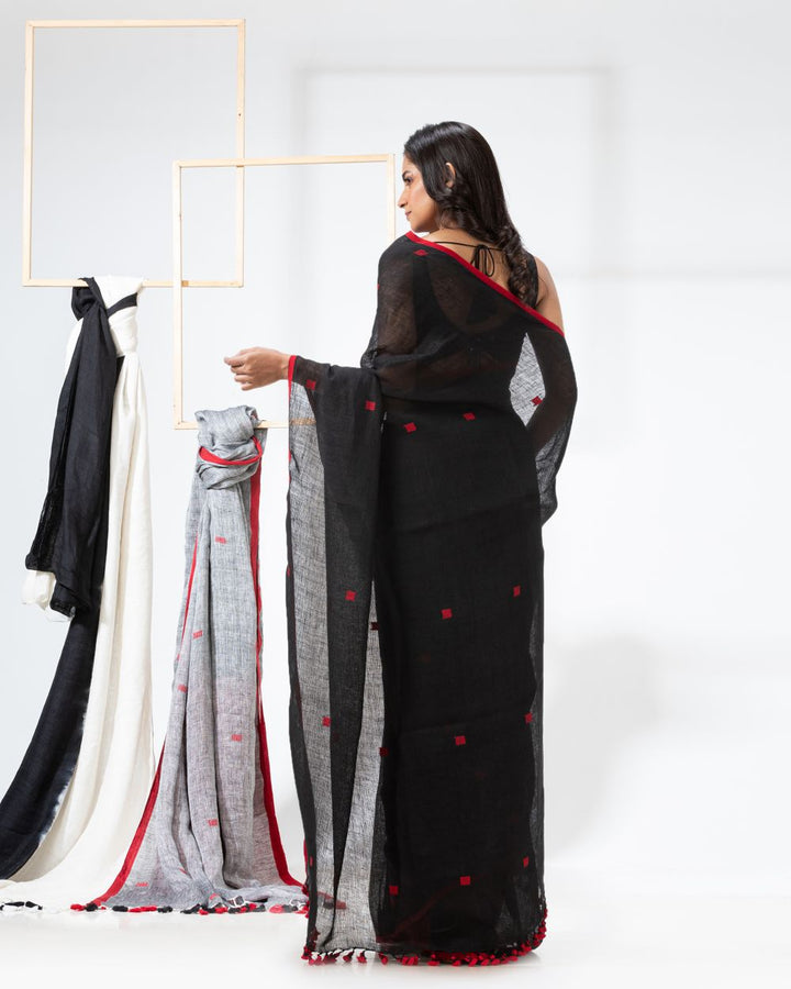 Black red handwoven linen bengal saree