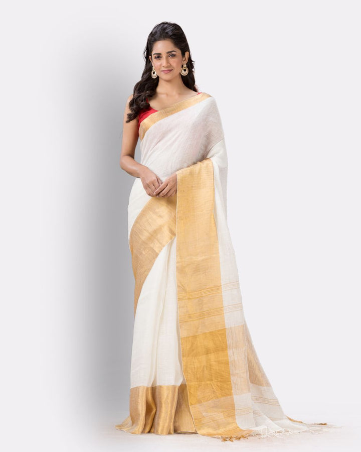 White golden handwoven textured linen bengal saree