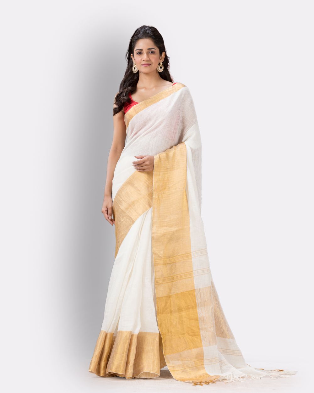 White golden handwoven textured linen bengal saree