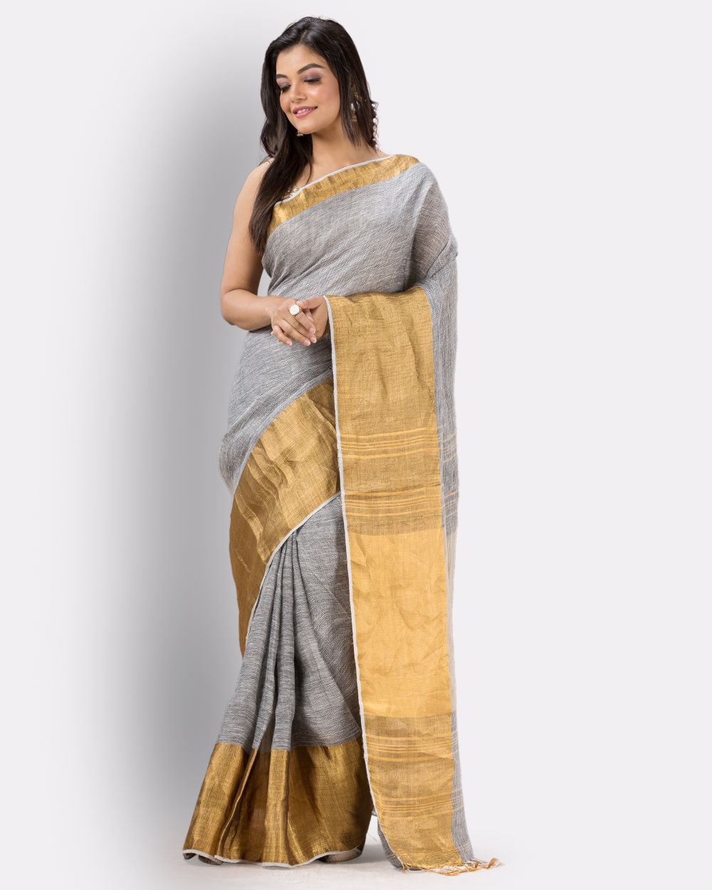 Grey golden handwoven textured linen bengal saree