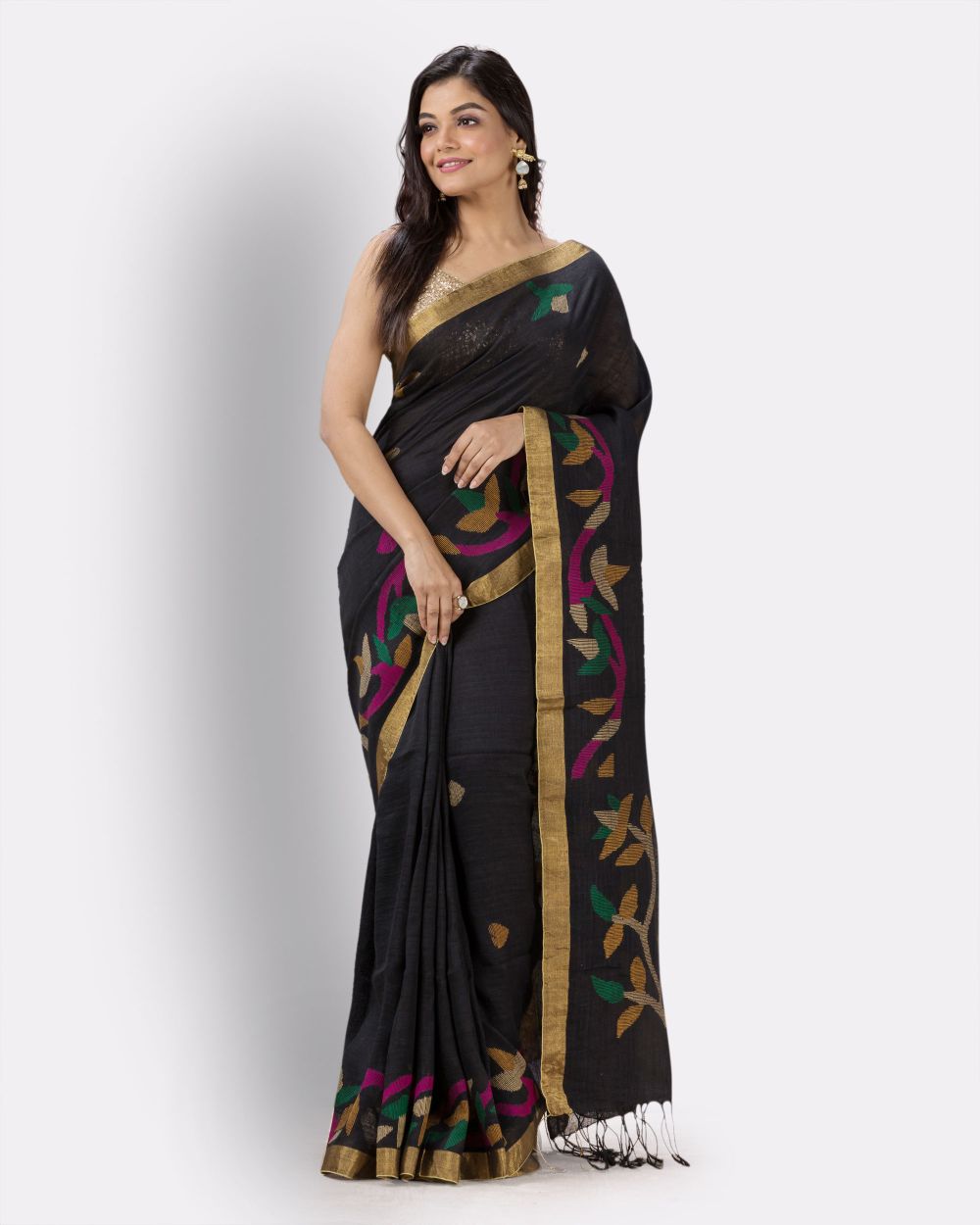 Black handwoven linen jamdani saree