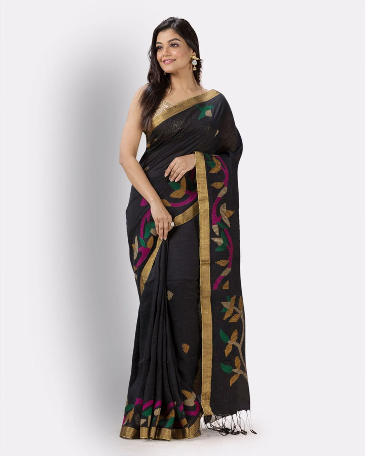 Black handwoven linen jamdani saree