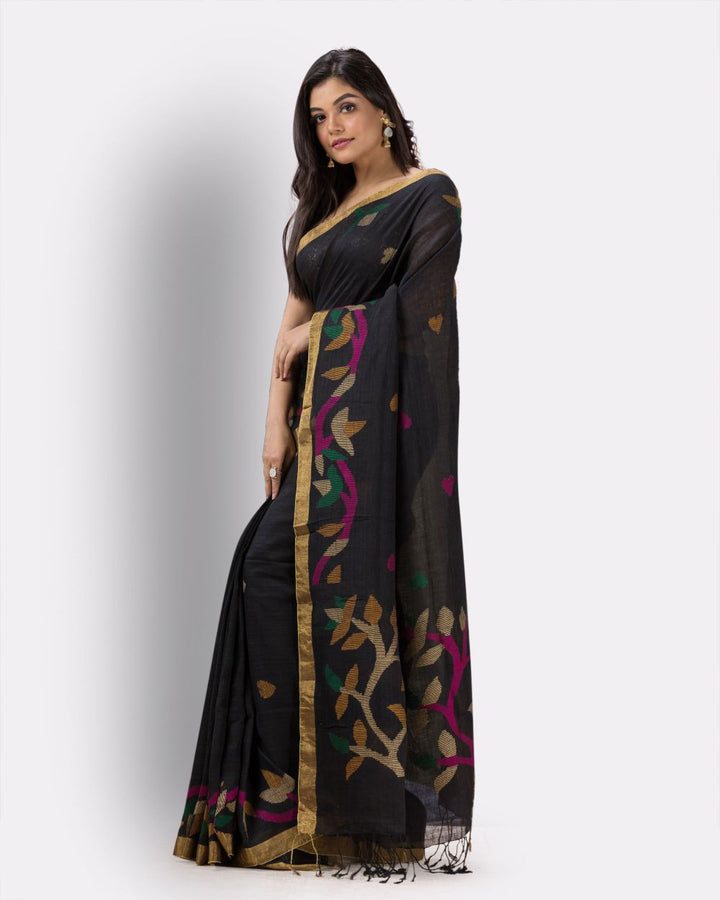 Black handwoven linen jamdani saree