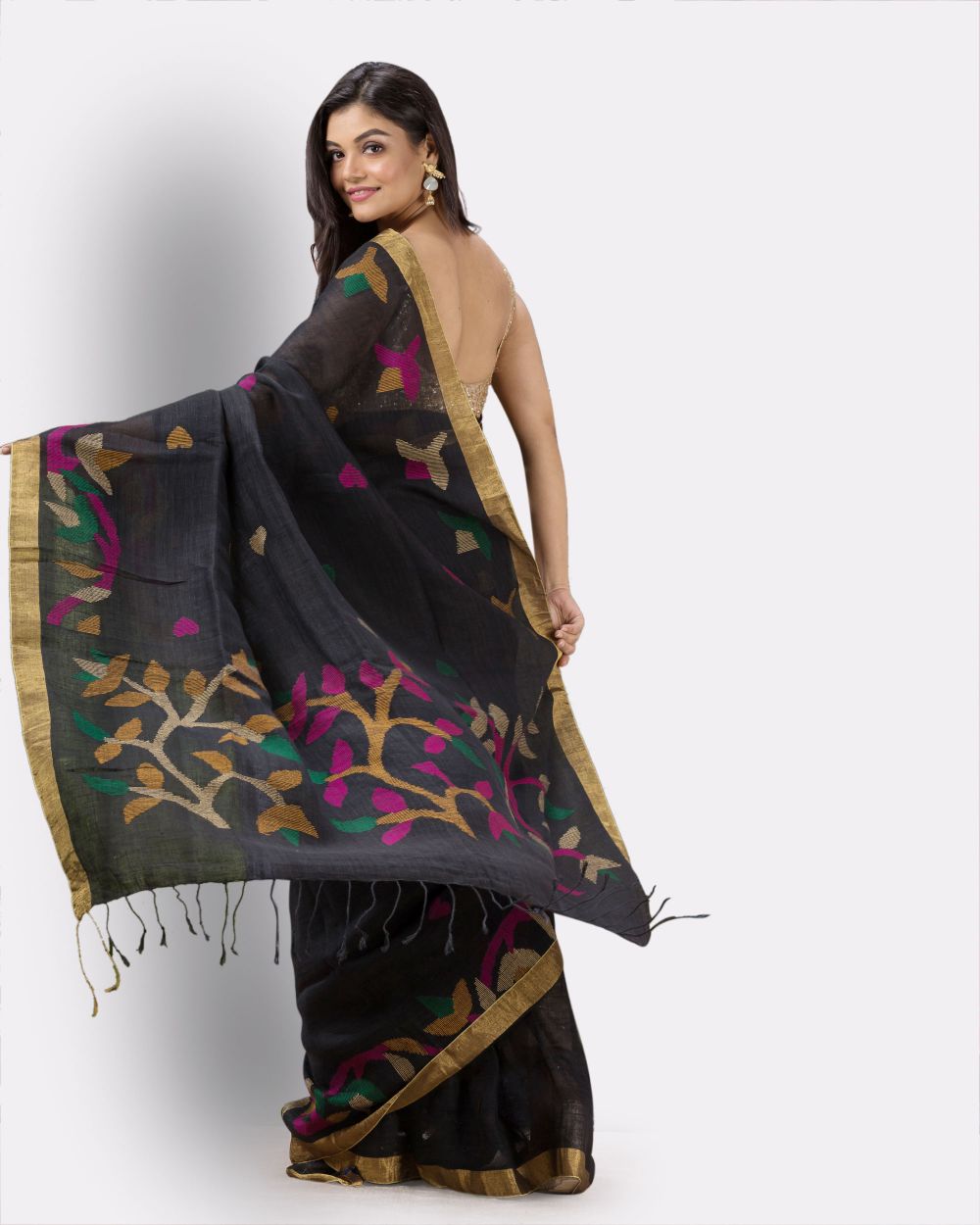 Black handwoven linen jamdani saree