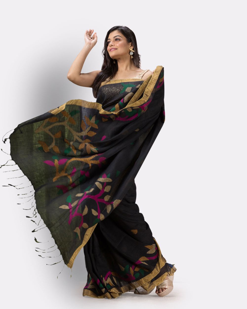Black handwoven linen jamdani saree