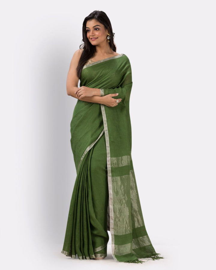 Dark green handwoven linen bengal saree
