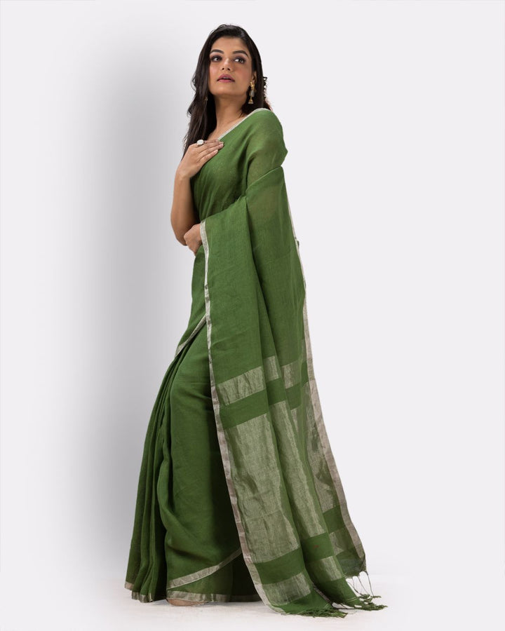 Dark green handwoven linen bengal saree