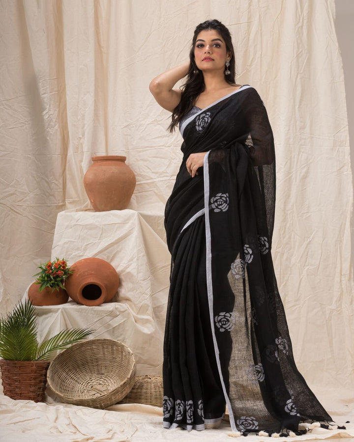 Black white handloom linen jamdani saree