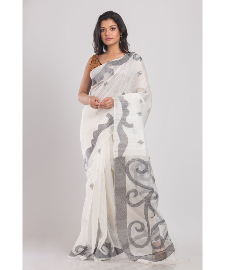 White black handwoven bengal silk jamdani saree