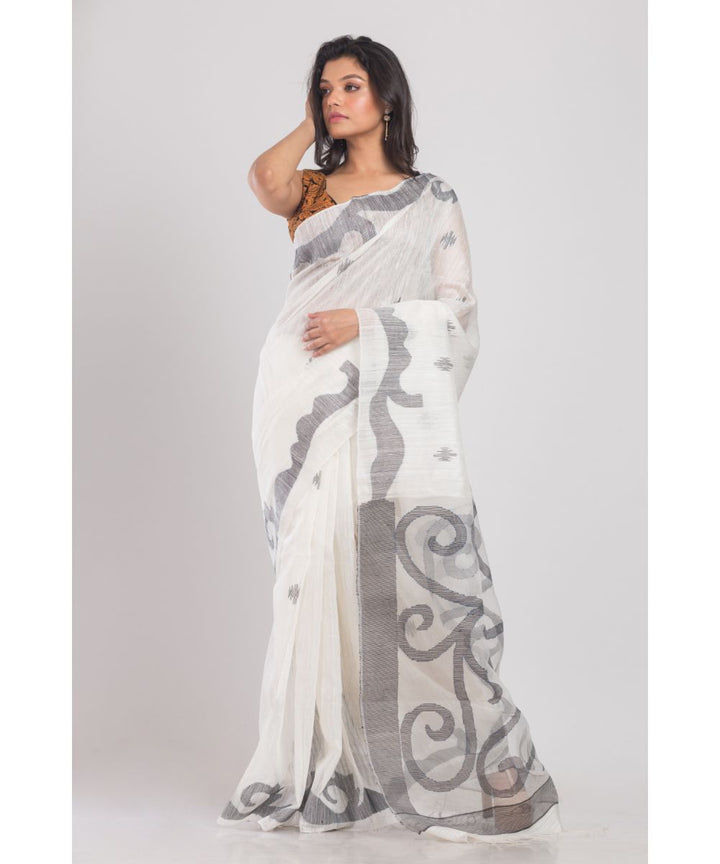 White black handwoven bengal silk jamdani saree