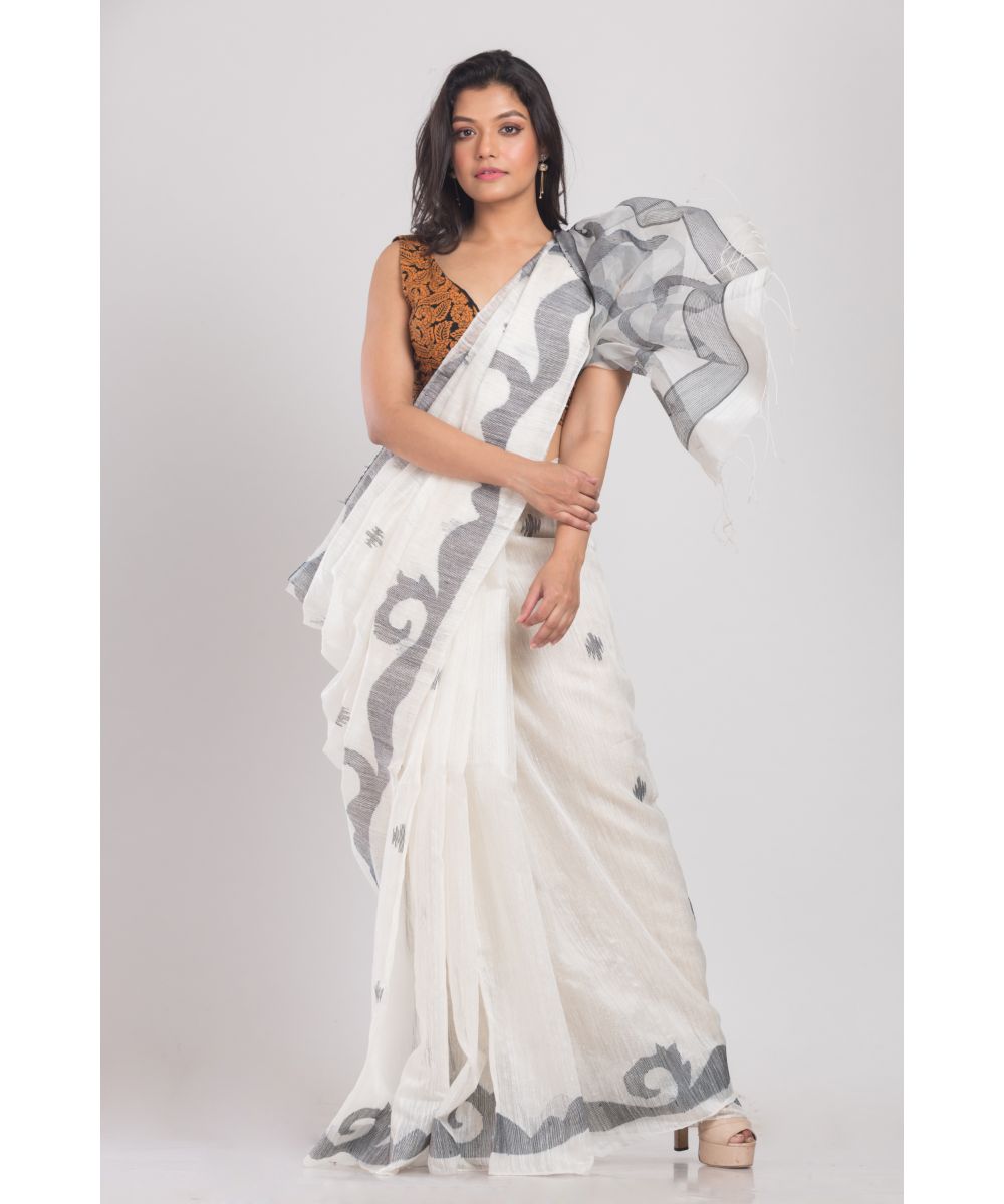 White black handwoven bengal silk jamdani saree