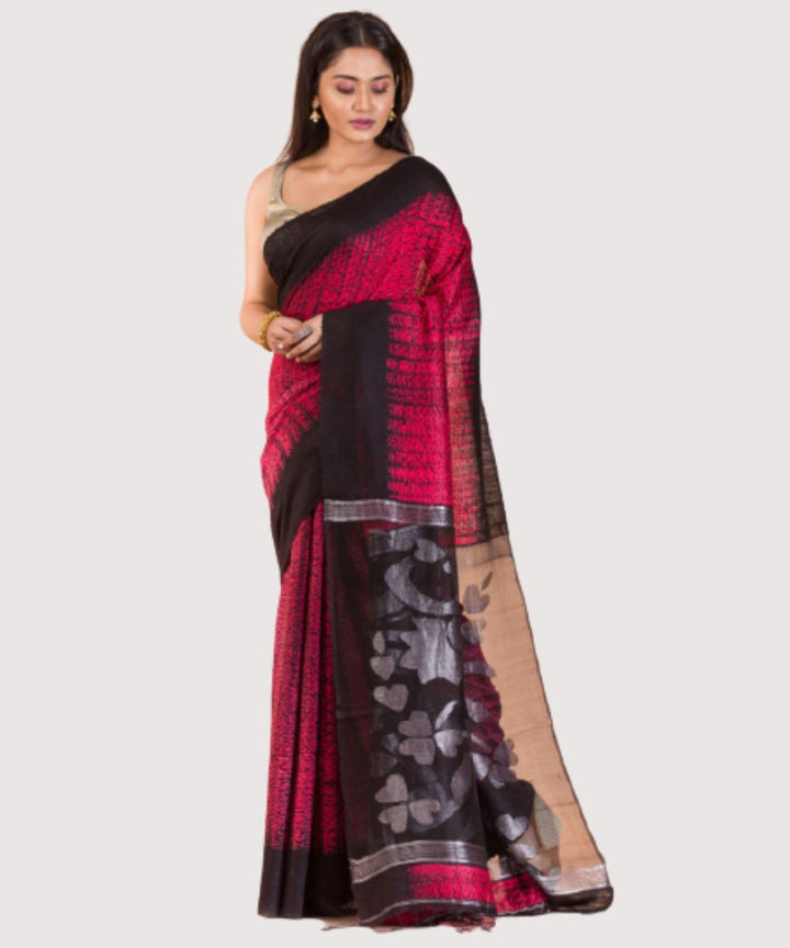 Red black handwoven bengal matka silk jamdani saree
