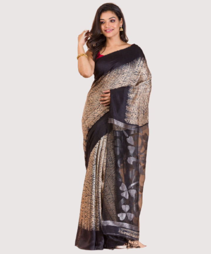 Peach black handwoven bengal silk jamdani saree