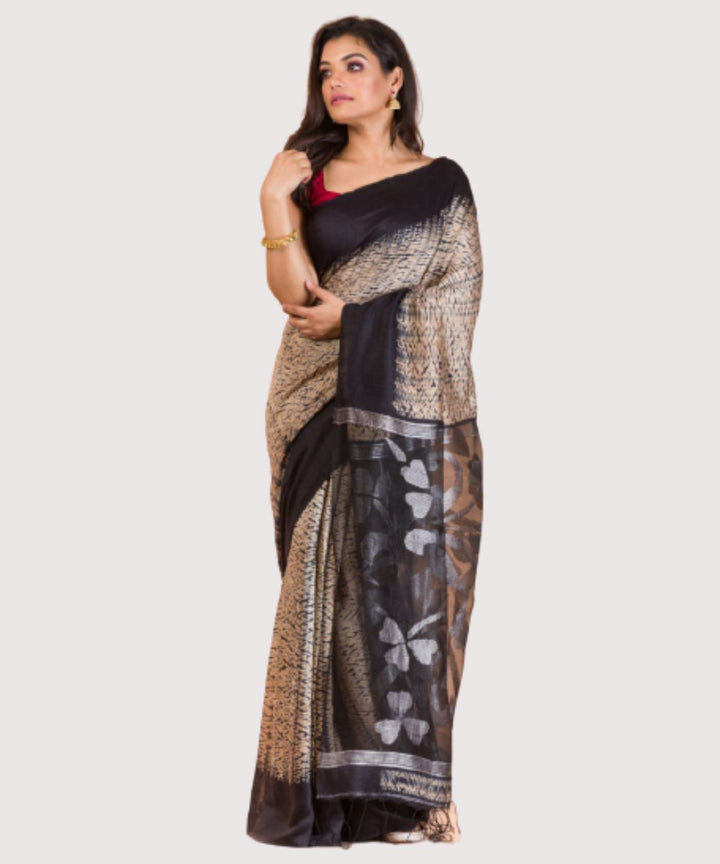 Peach black handwoven bengal silk jamdani saree