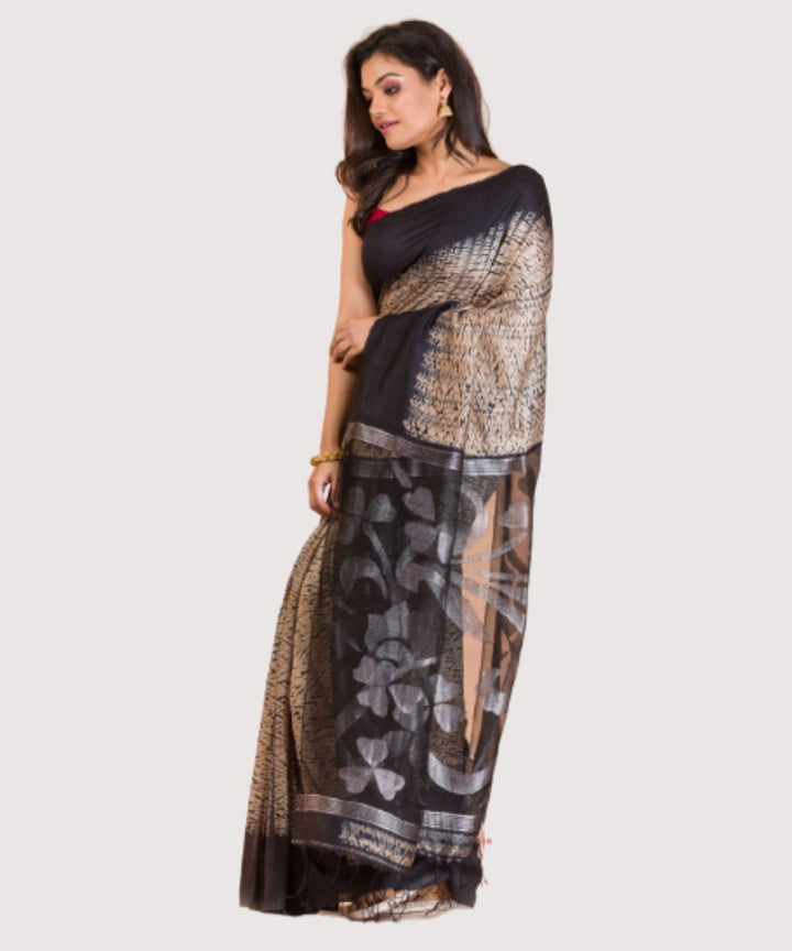 Peach black handwoven bengal silk jamdani saree