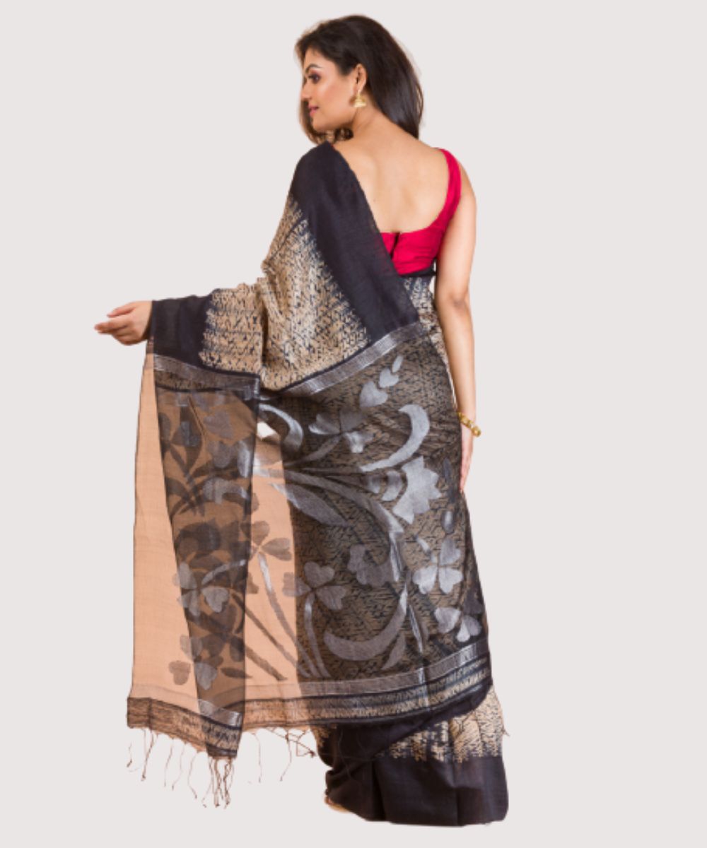 Peach black handwoven bengal silk jamdani saree