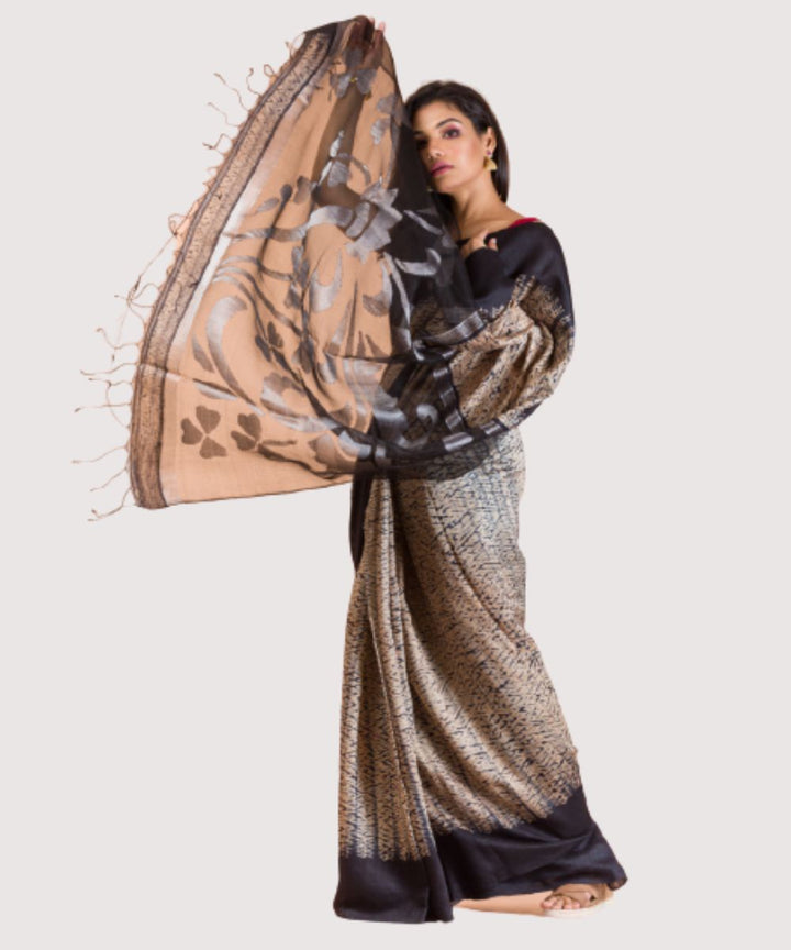 Peach black handwoven bengal silk jamdani saree