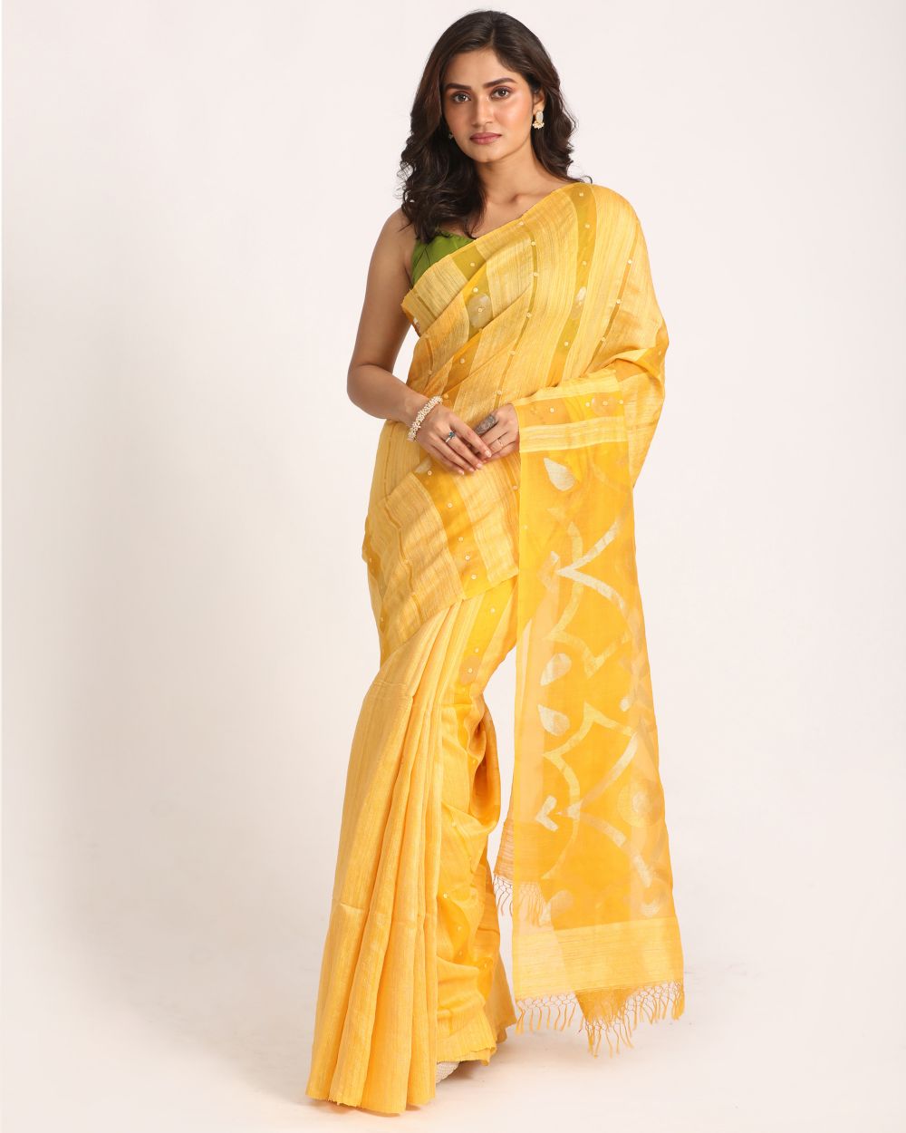Yellow handwoven resham and matka silk jamdani saree