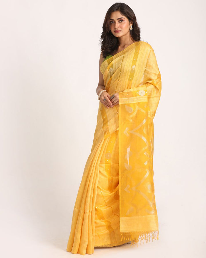 Yellow handwoven resham and matka silk jamdani saree