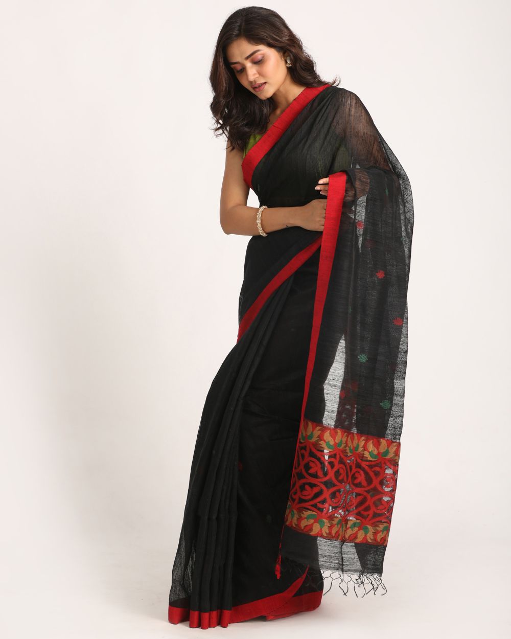 Black handwoven resham and matka silk saree