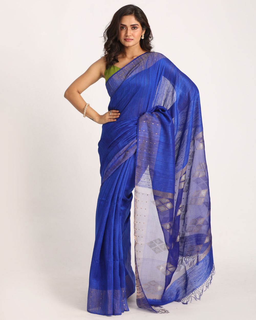 Royal blue handwoven resham and matka silk jamdani saree
