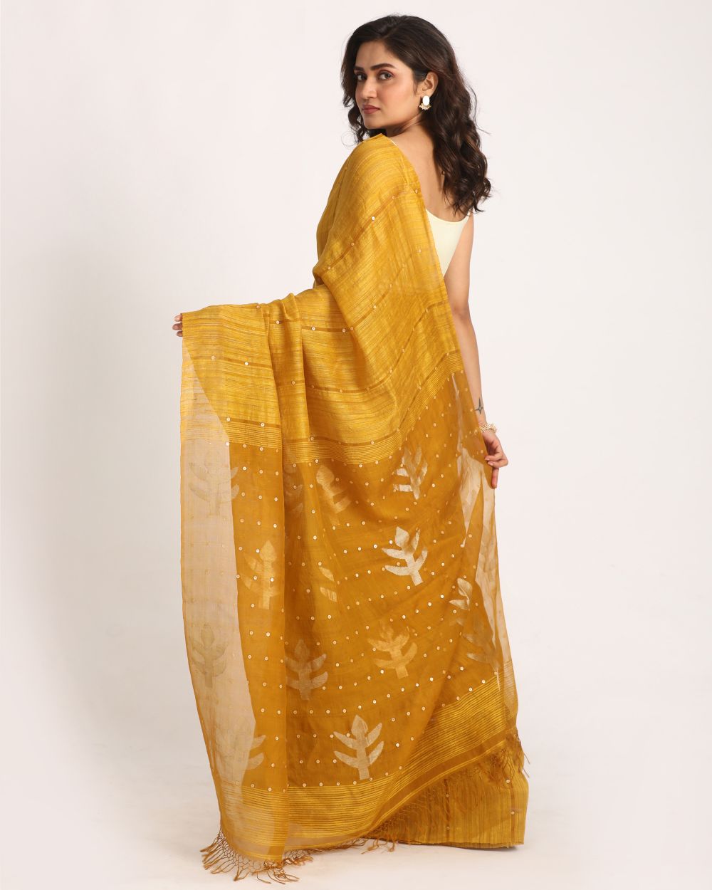 Mustard handwoven resham and matka silk jamdani saree