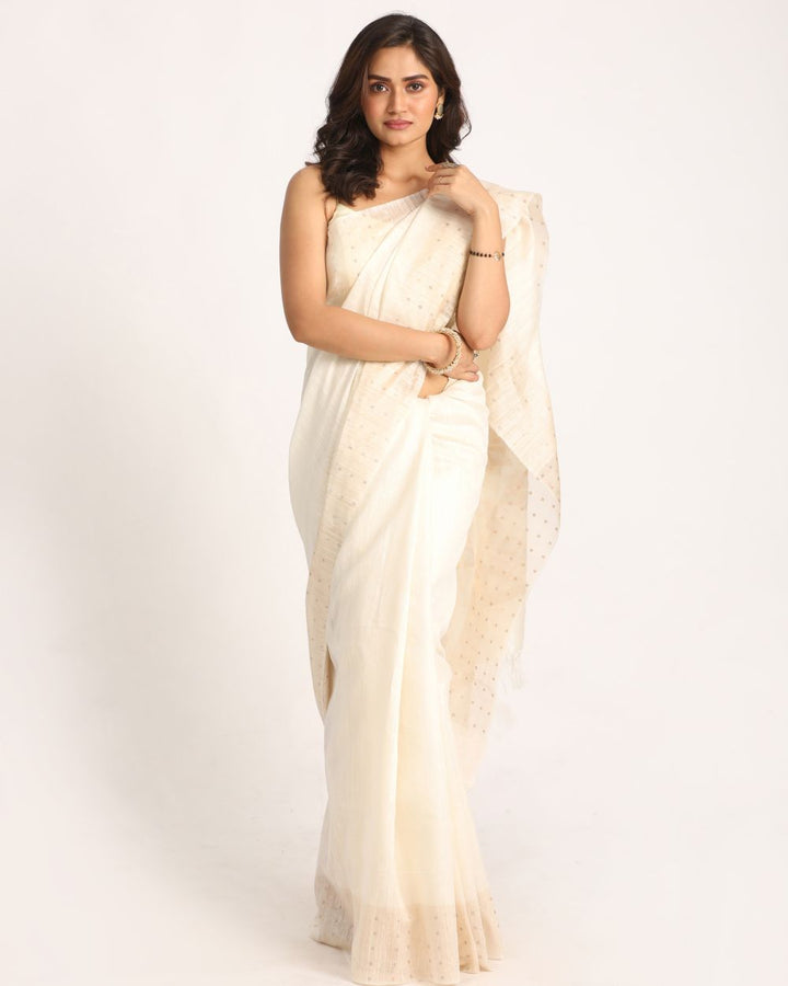 White handwoven resham and matka silk jamdani saree