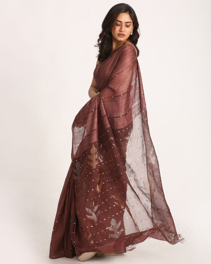Copper rose handwoven resham and matka silk jamdani saree