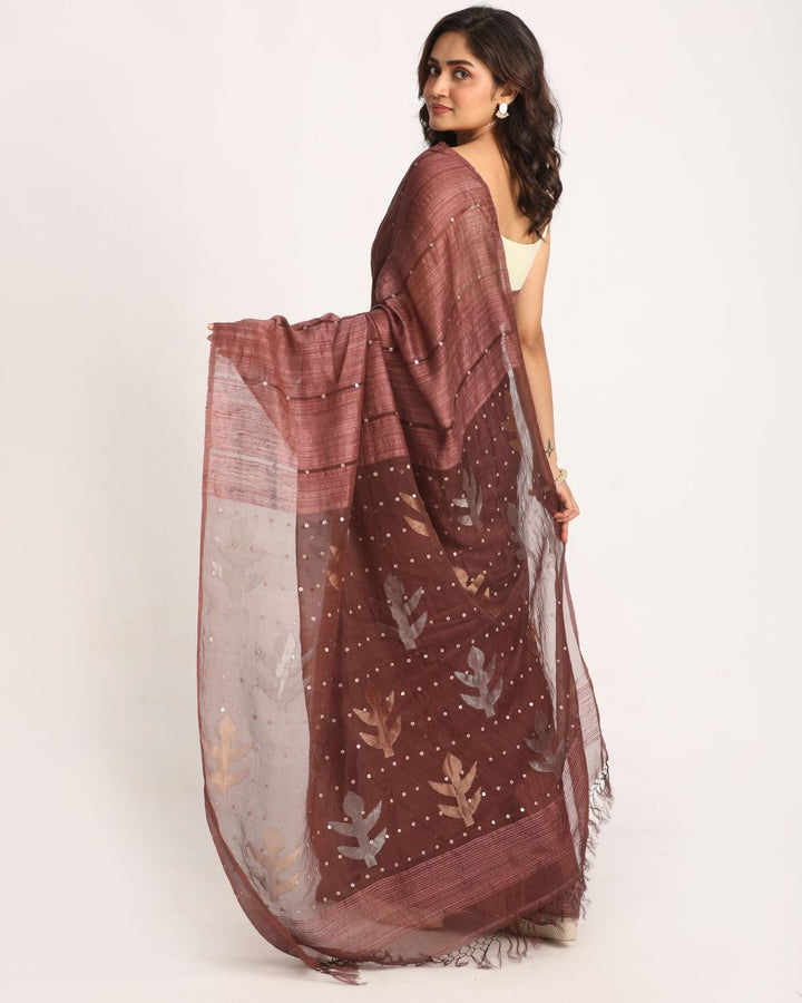 Copper rose handwoven resham and matka silk jamdani saree