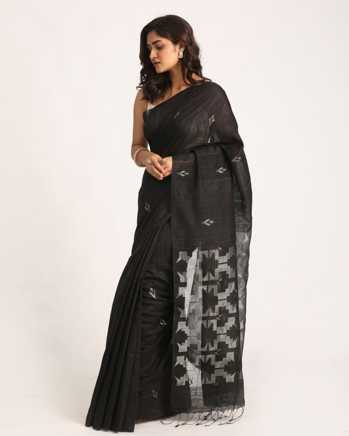 Black handwoven resham and matka silk jamdani saree