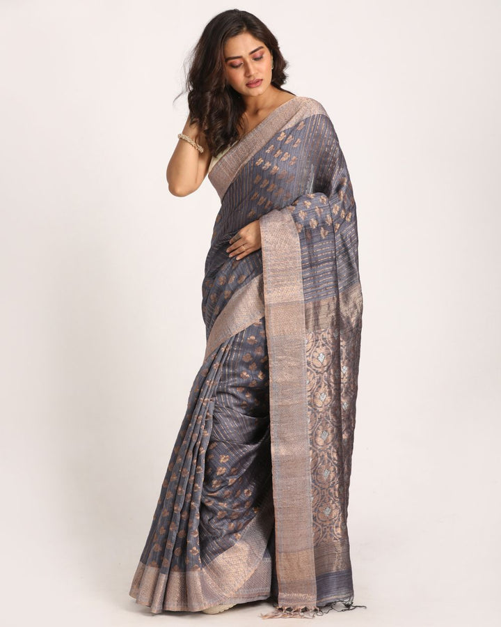 Grey blue handwoven resham and matka silk saree