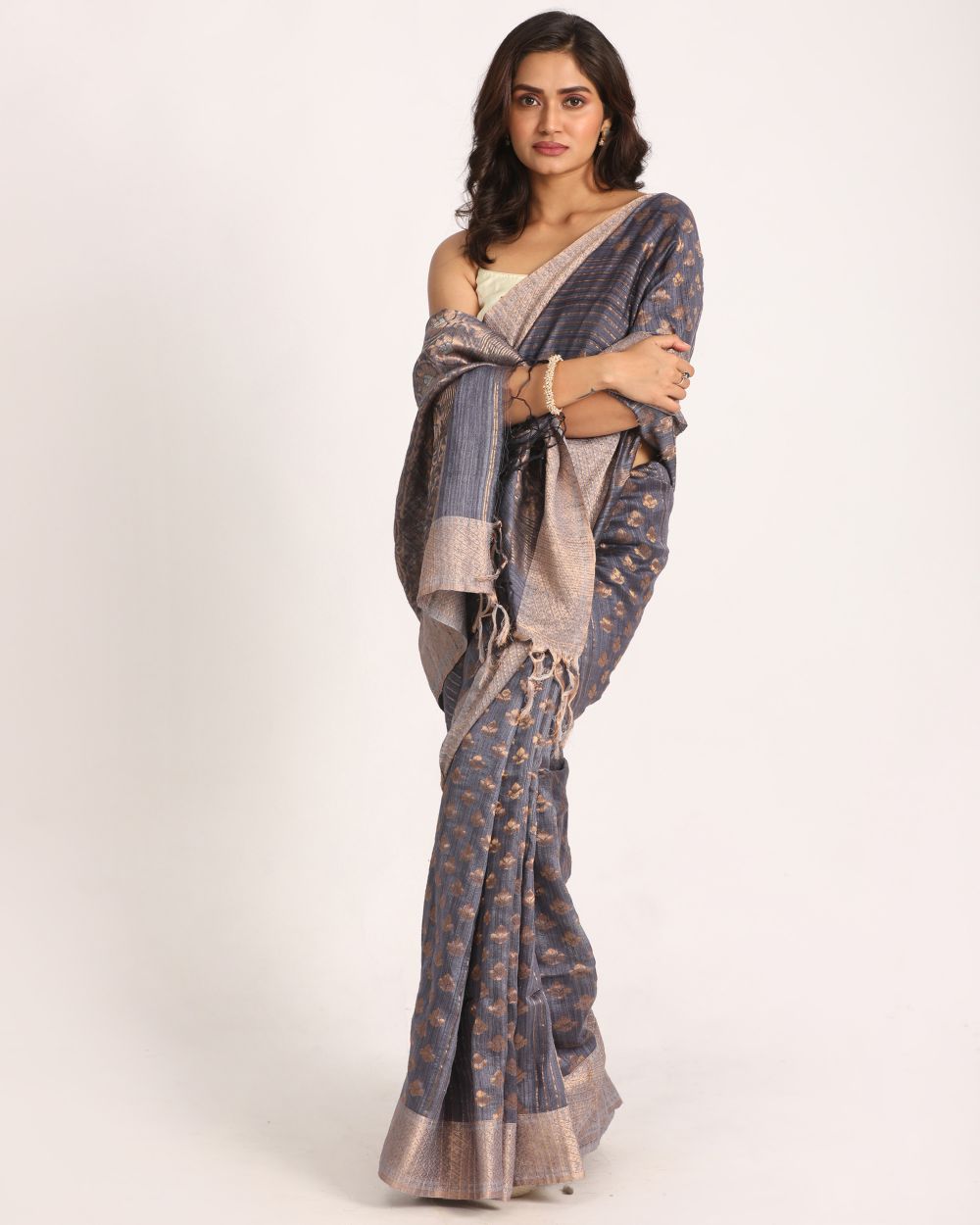 Grey blue handwoven resham and matka silk saree