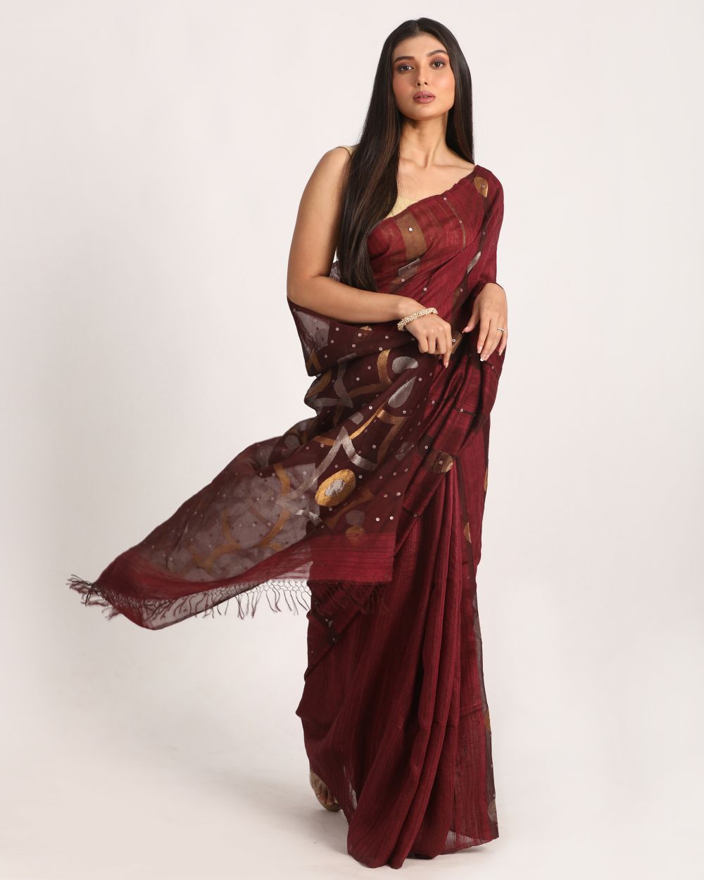 Deep maroon handwoven resham and matka silk jamdani saree