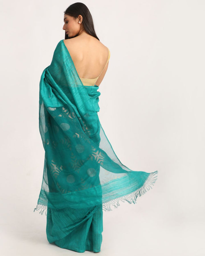 Deep cyan handwoven resham and matka silk jamdani saree