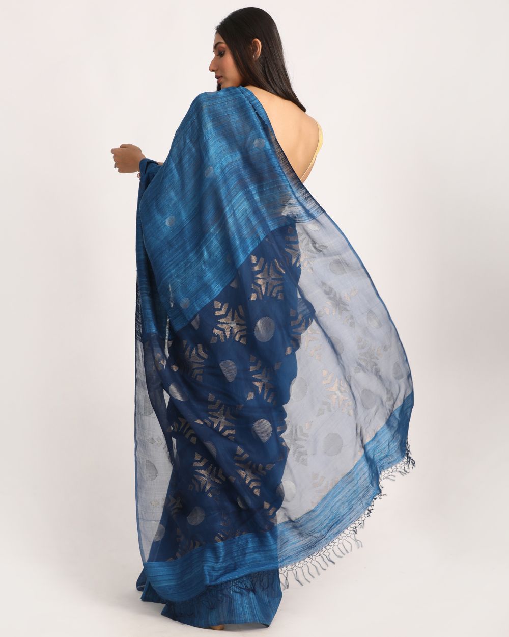 Dark blue handwoven resham and matka silk jamdani saree