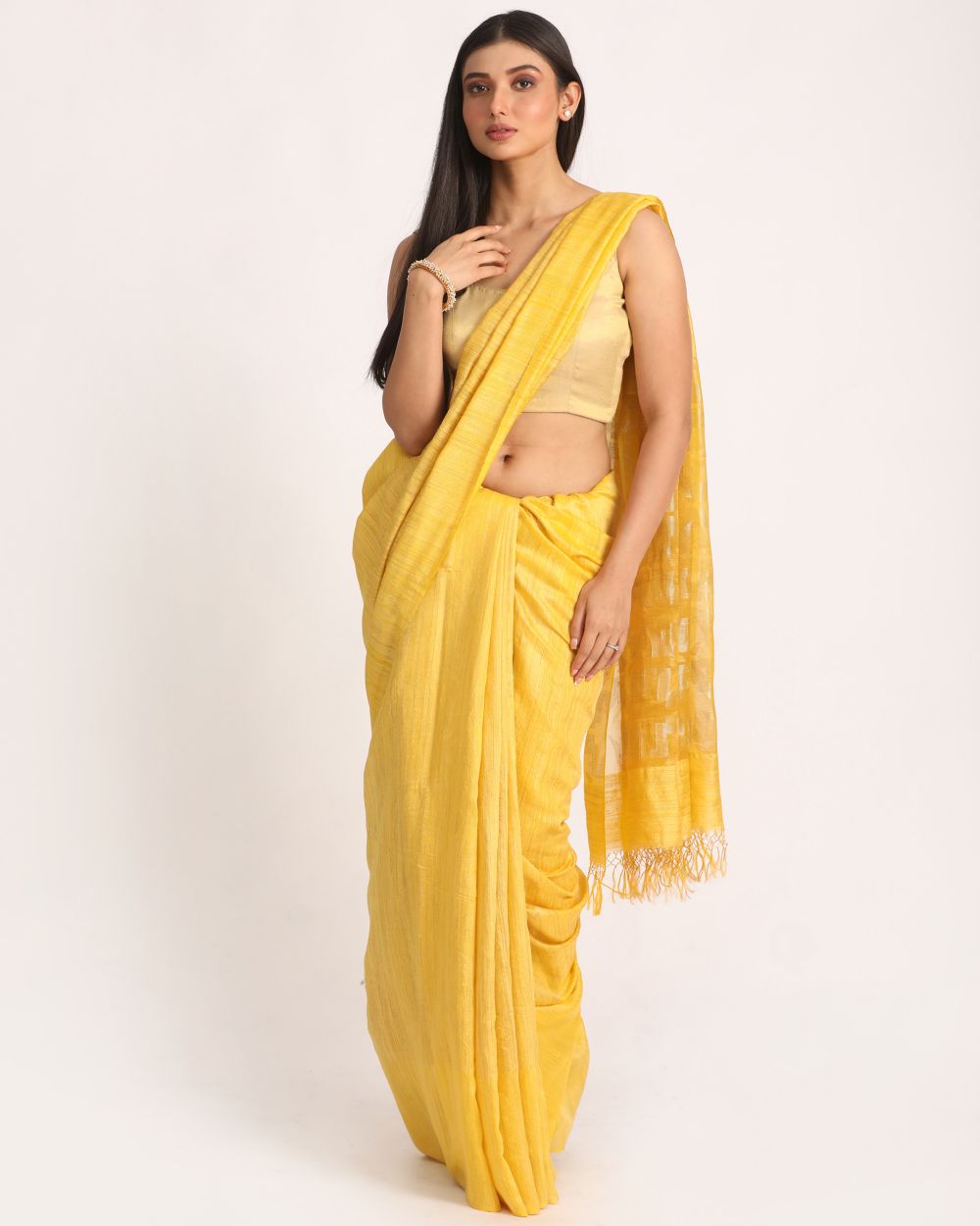 Lemon yellow handwoven resham and matka silk jamdani saree