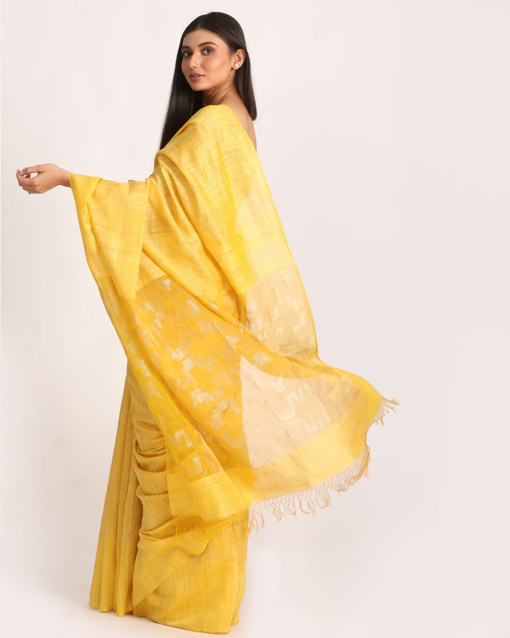 Lemon yellow handwoven resham and matka silk jamdani saree