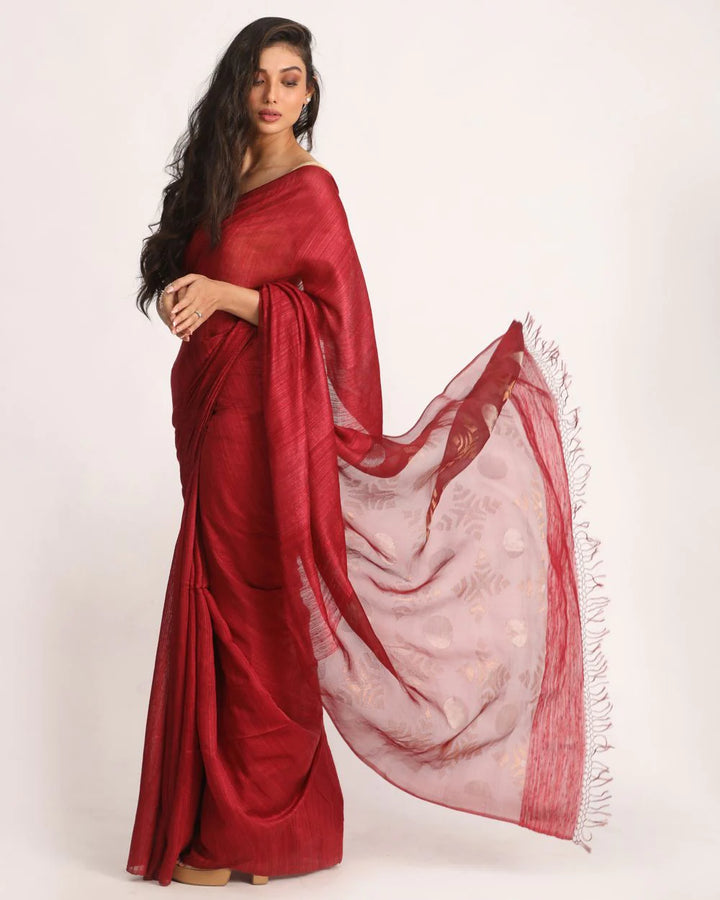 Maroon black handwoven bengal cotton silk saree