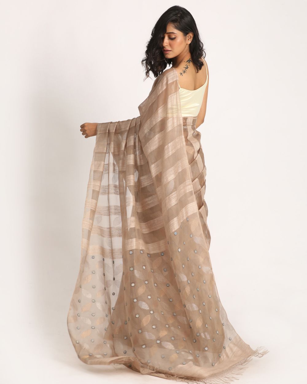 Beige brown stripes handwoven resham and matka silk jamdani saree