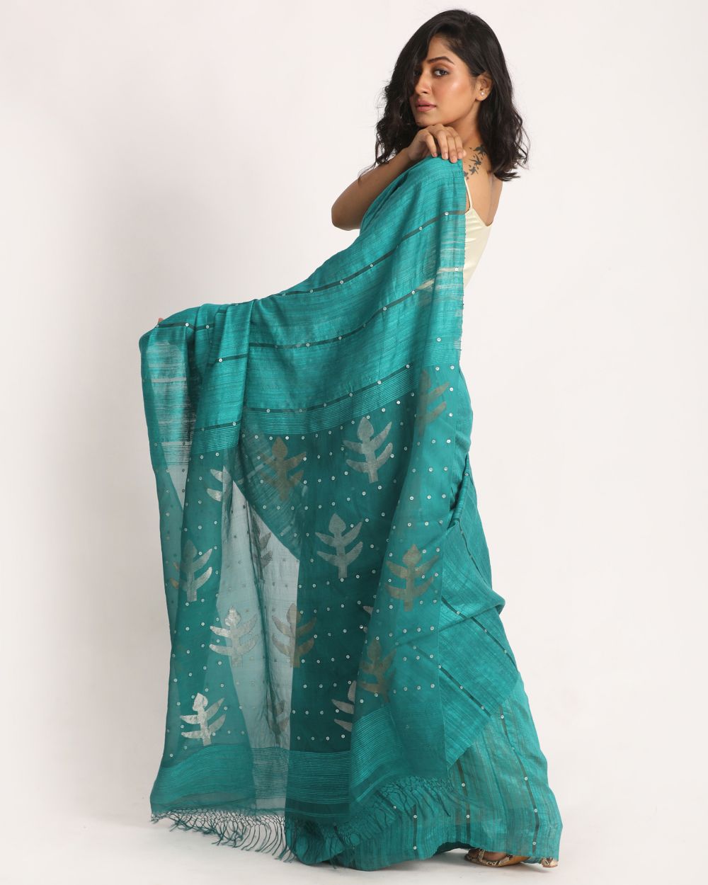 Turquoise handwoven resham and matka silk jamdani saree