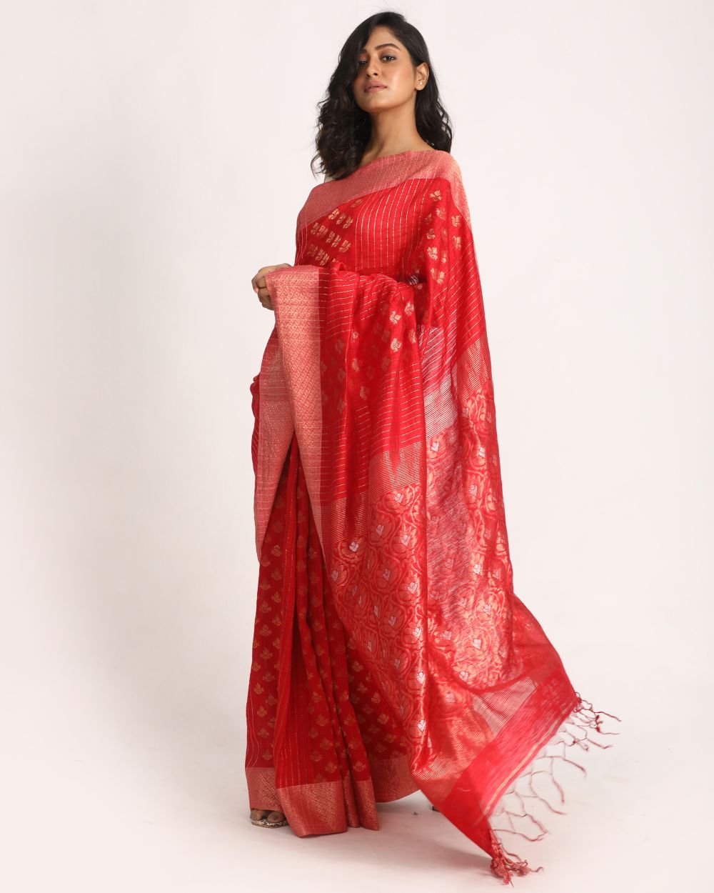 Red handwoven resham and matka silk saree